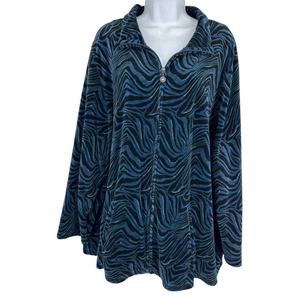 Catherines Blue Black Velvet Full Front Zip Zebra Mock Neck Jacket Women's Sz 2X